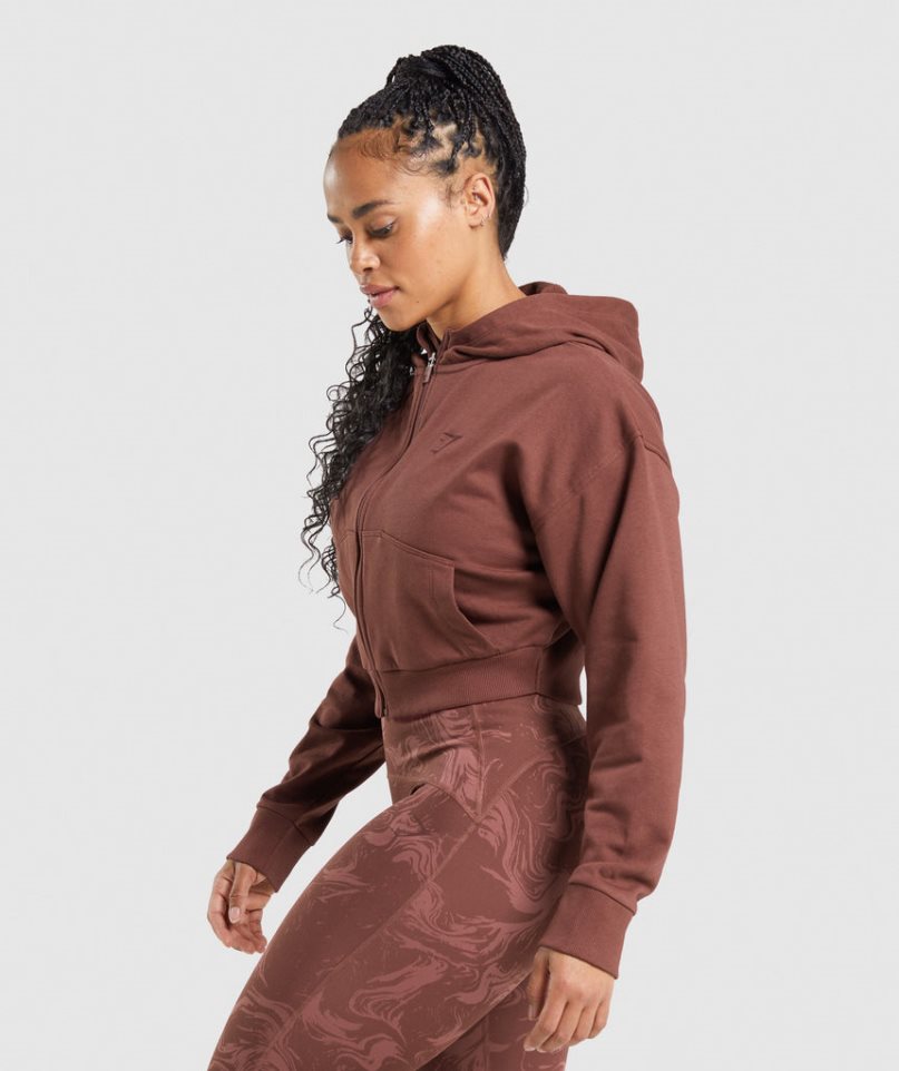 Women's Gymshark GS Power Cropped Zip Hoodie Brown | NZ 7OWKZM